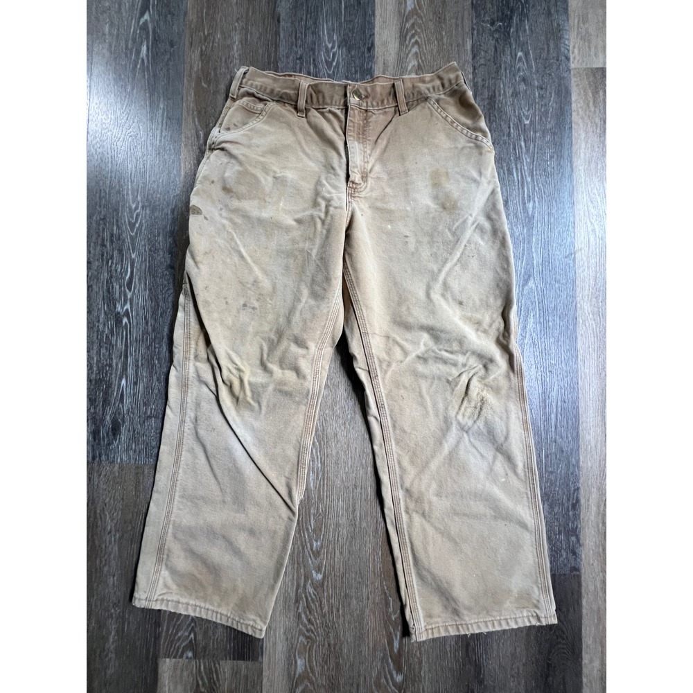 Carhartt Dungaree Work Pants Mens 34x30 Brown Distressed Canvas B11 BRN